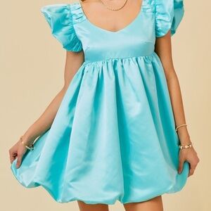 RUFFLE SLEEVE STRUCTURED SATIN FAILLE BUBBLE DRESS